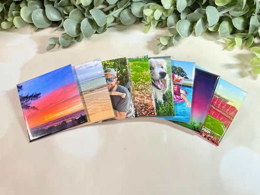 2x2 custom photo magnets with assorted images fanned out