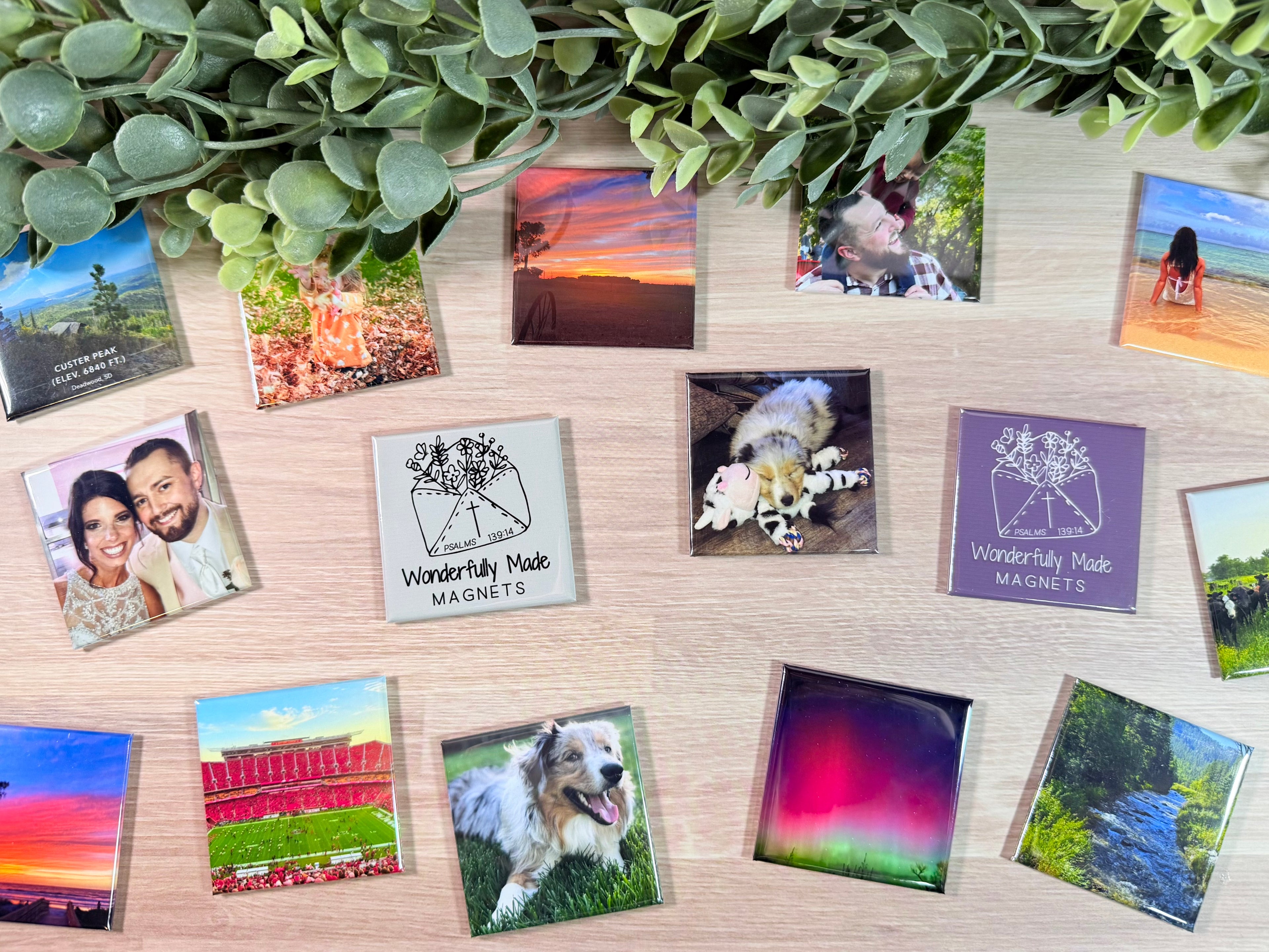 2x2 custom photo magnets with assorted images, including one branded magnet