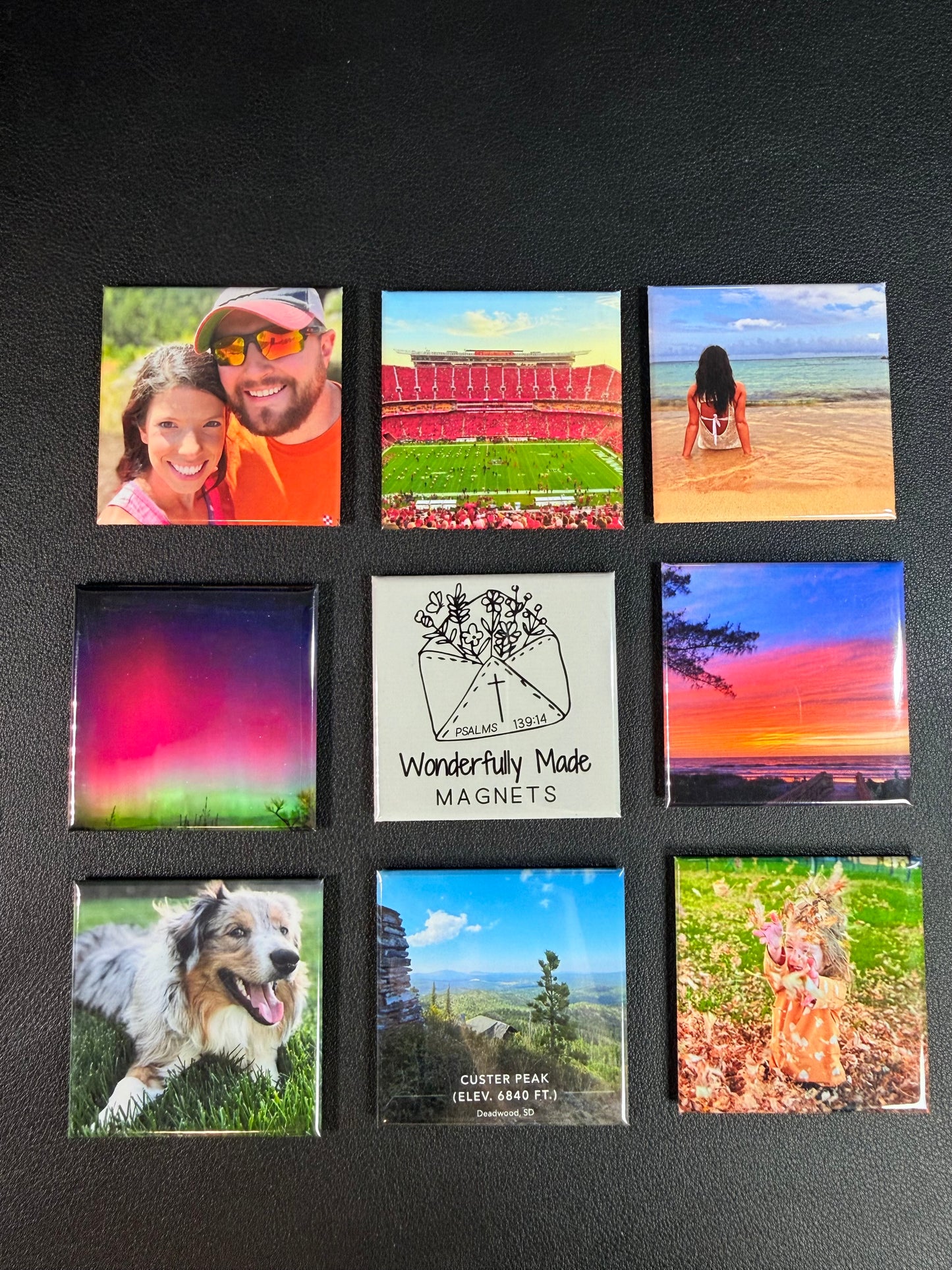 Nine 2x2 photo magnets featuring assorted images, one with Wonderfully Made Magnets logo