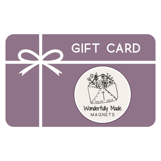 Wonderfully Made Magnets gift card with decorative bow and logo
