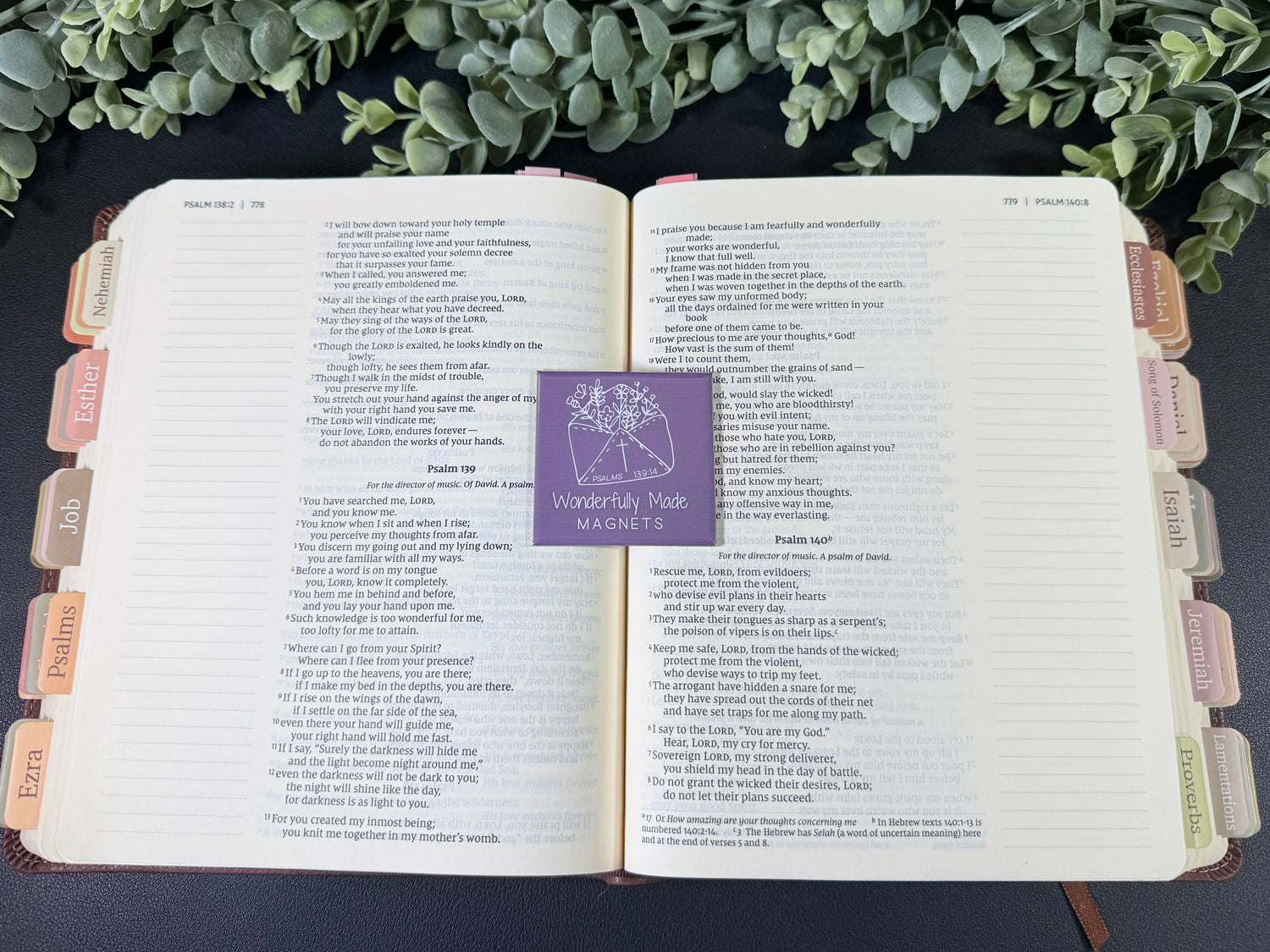 Open Bible with 2x2 photo magnet featuring Wonderfully Made Magnets logo