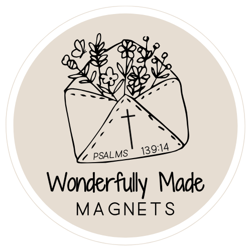 Circular Wonderfully Made Magnets logo featuring 'Psalms 139:14' text and floral icon